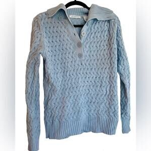 Liz Claiborne Blue Knit Collared Cotton Button Up V-Neck Long Sleeve Sweater
